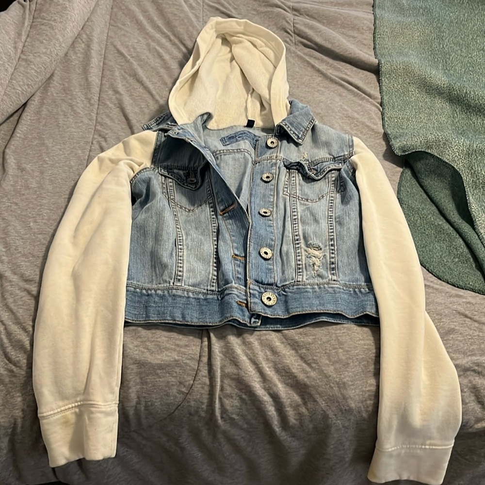 Denim vest with sweatshirt sleeves and hood